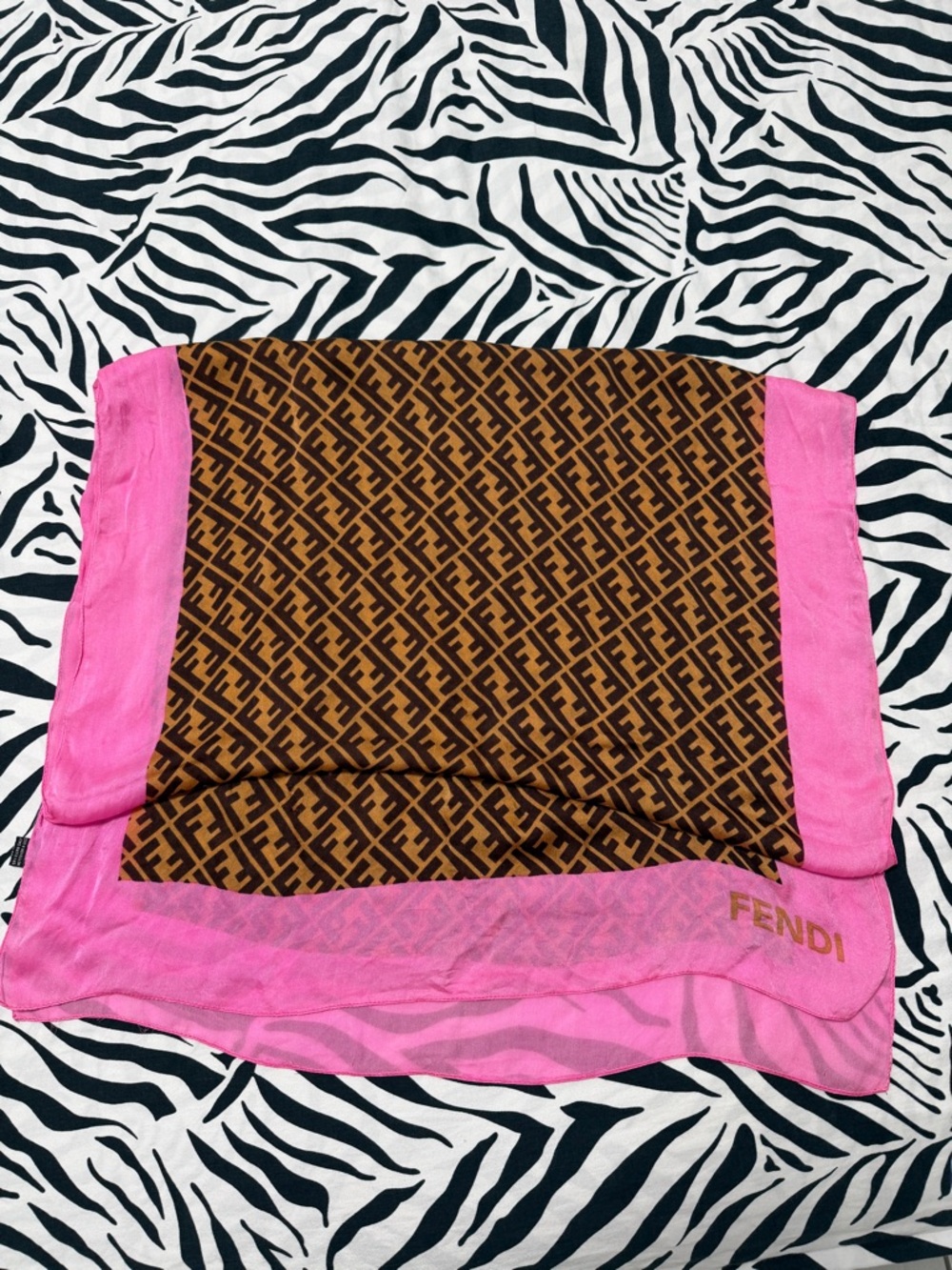 Fendi Brown Logo Silk Scarf with Pink Border